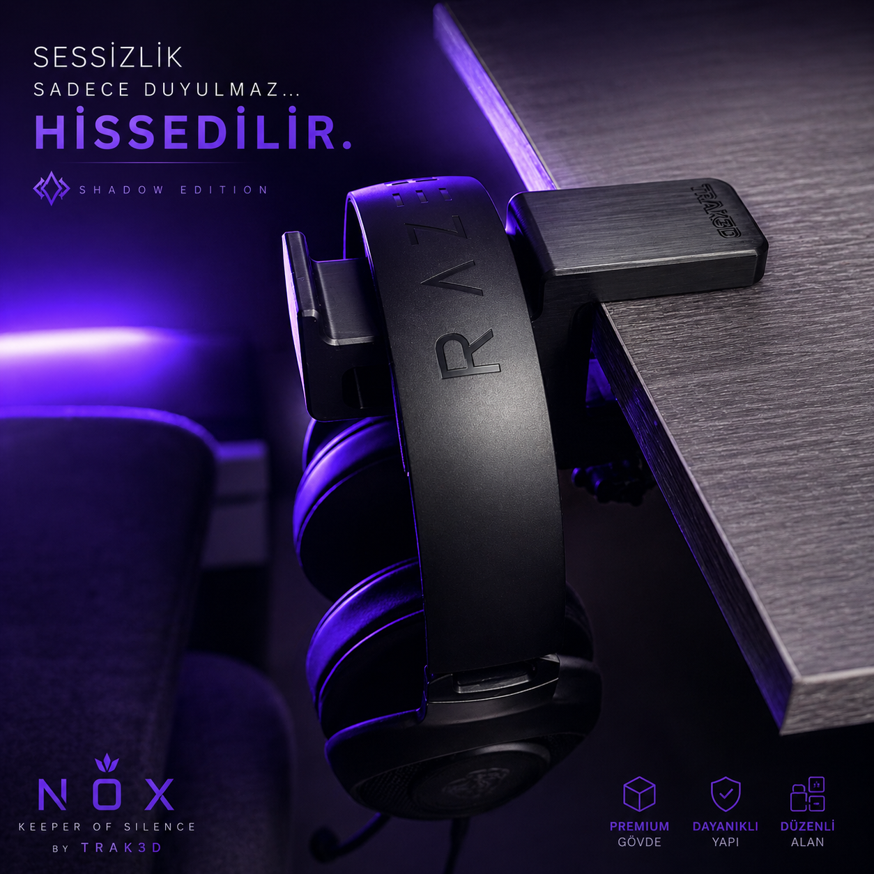 TRAK3D Premium Siyah Asılabilir Masa Kenarı Kulaklık Standı – Shadow Edition V5 | Kaydırmaz Keçeli, Ergonomik ve Sağlam