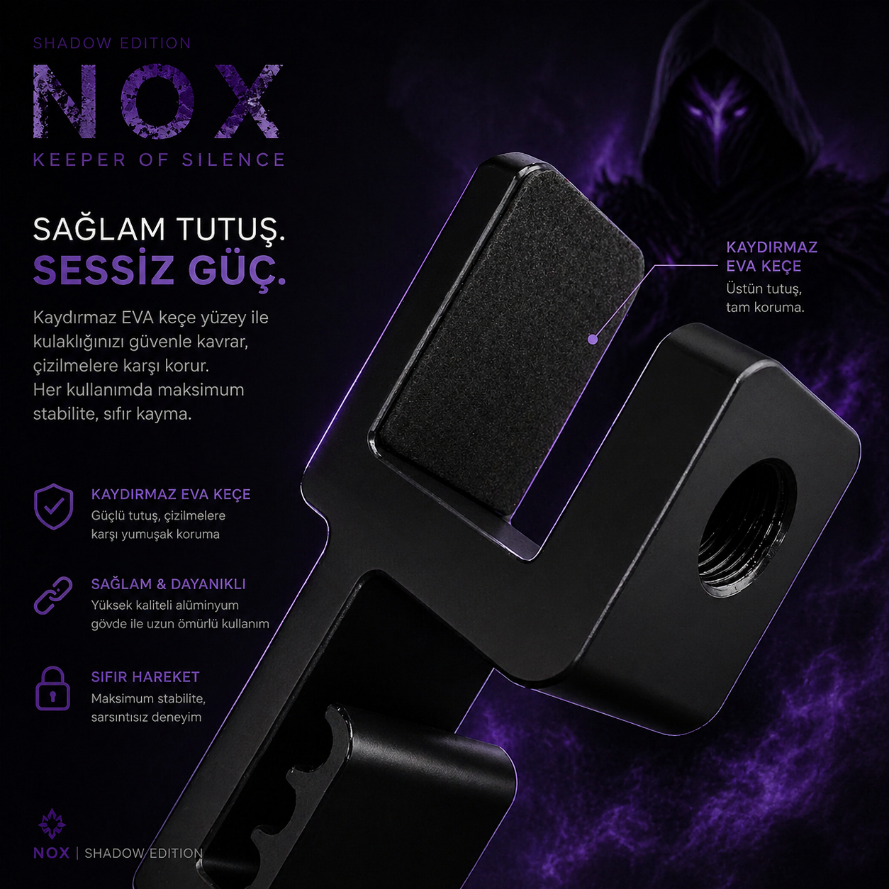 TRAK3D Premium Siyah Asılabilir Masa Kenarı Kulaklık Standı – Shadow Edition V5 | Kaydırmaz Keçeli, Ergonomik ve Sağlam