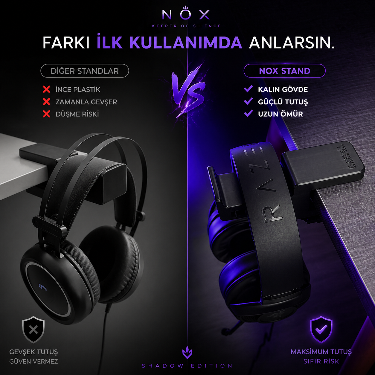 TRAK3D Premium Siyah Asılabilir Masa Kenarı Kulaklık Standı – Shadow Edition V5 | Kaydırmaz Keçeli, Ergonomik ve Sağlam