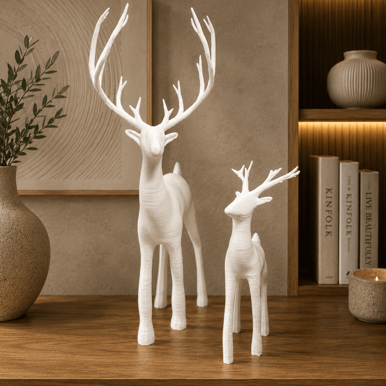 TRAK3D İkili Dekoratif Geyik Biblo Beyaz Renk Yılbaşı Geyiği